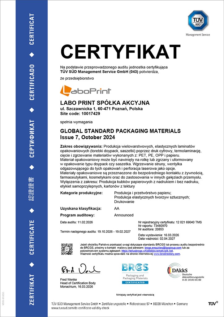 Certyfikat BRC Labo Print
