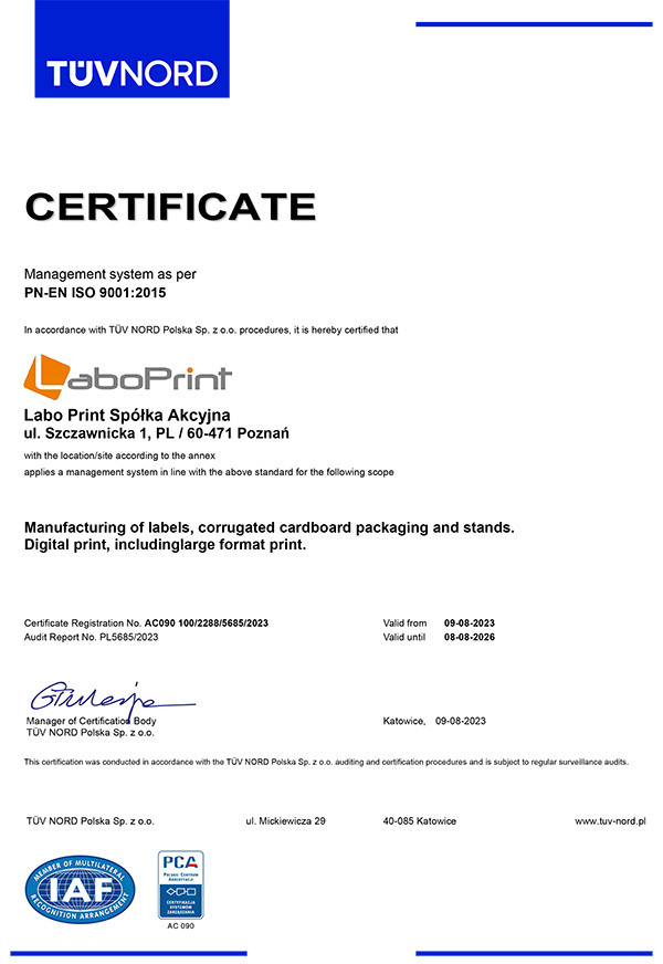 ISO 9001:2015 sertifikatas - Labo Print