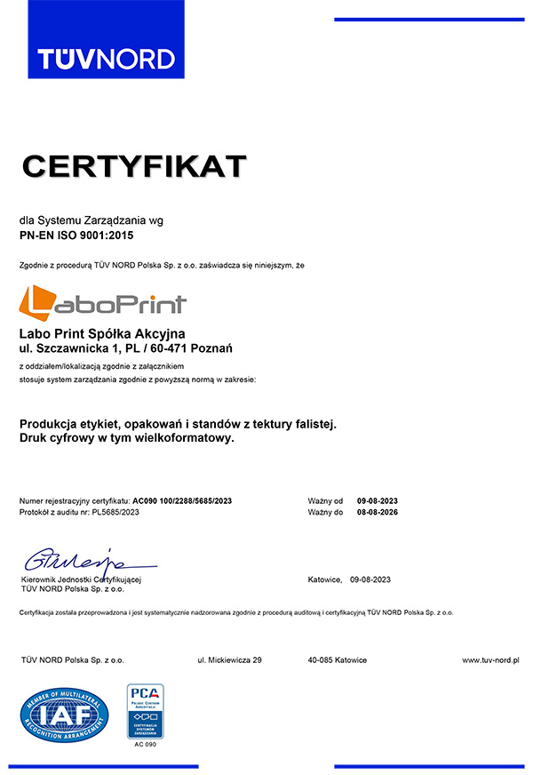 ISO 9001:2015 Certyfikat Jakości Labo Print