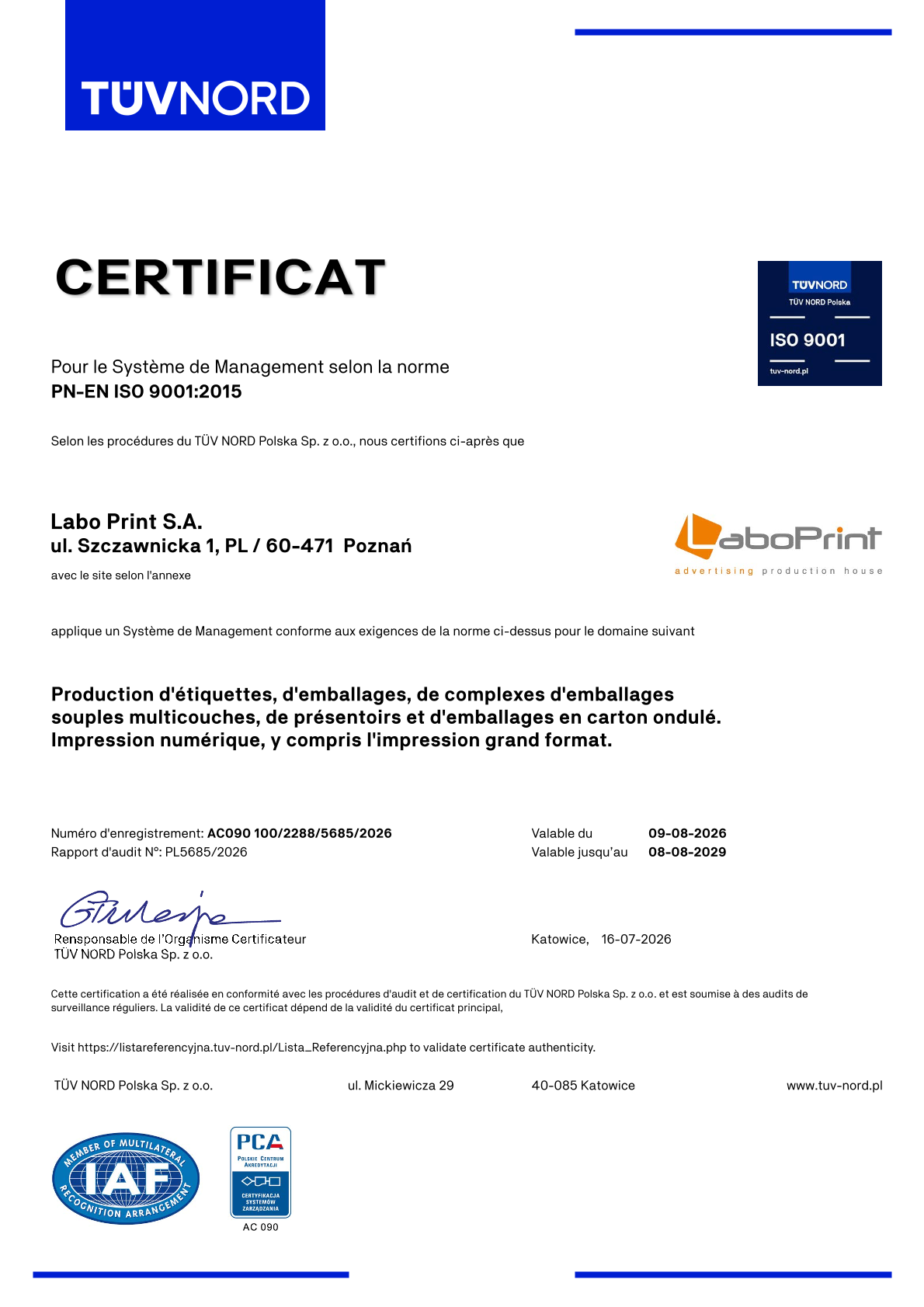 ISO 9001:2015 Certyfikat Jakości Labo Print