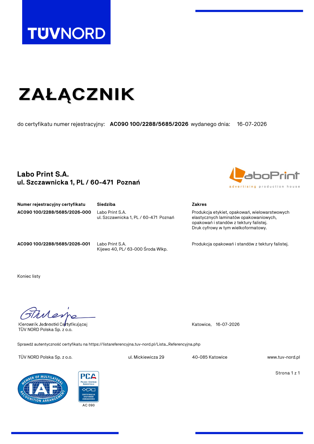 ISO 9001:2015 Certyfikat Jakości Labo Print