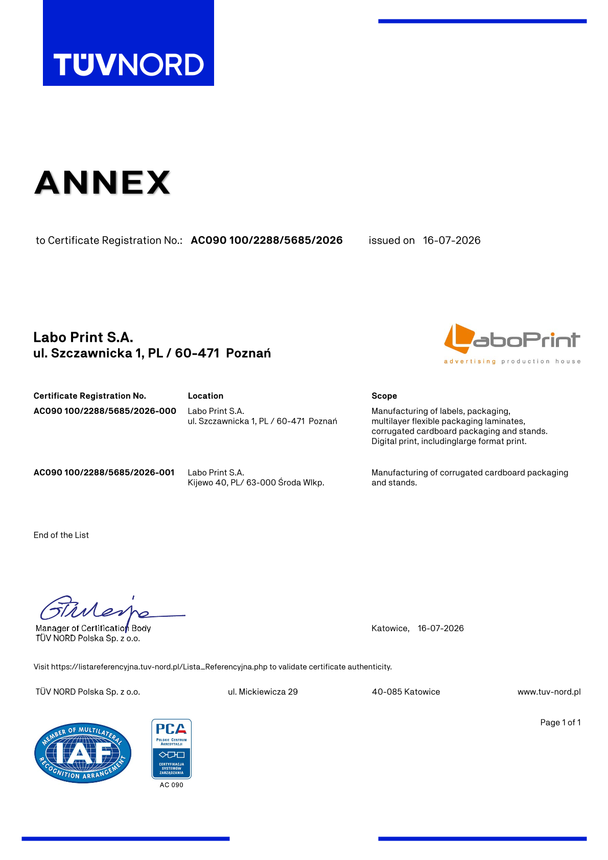 ISO 9001:2015 Certyfikat Jakości Labo Print