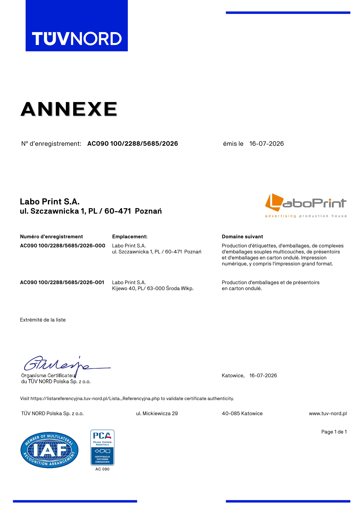 ISO 9001:2015 Certyfikat Jakości Labo Print