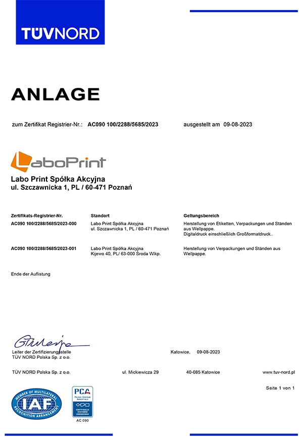 Qualitätszertifikat ISO 9001:2015 Labo Print