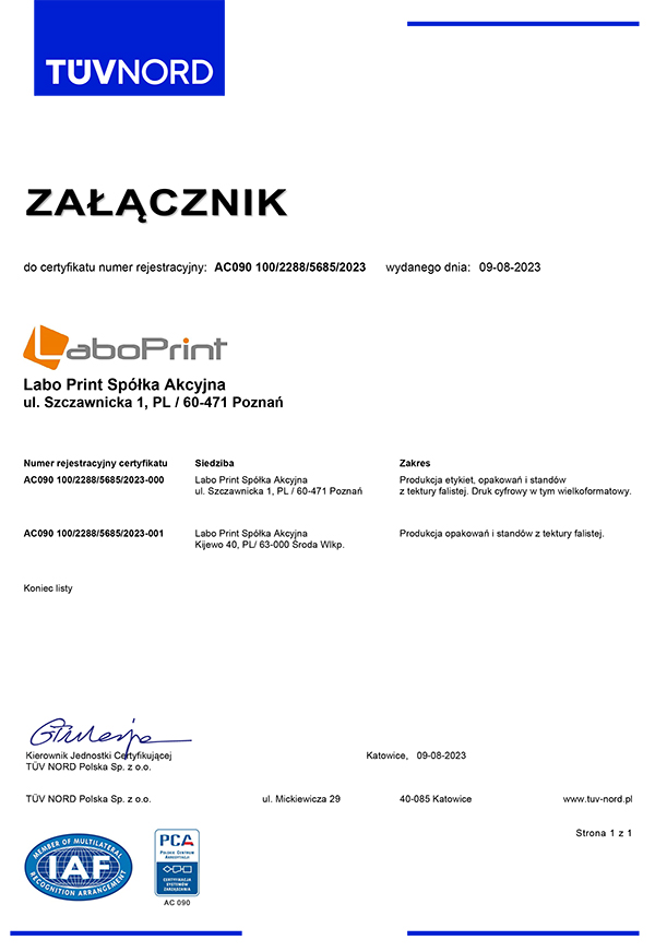 Załącznik do certyfikatu ISO 9001 Labo Print